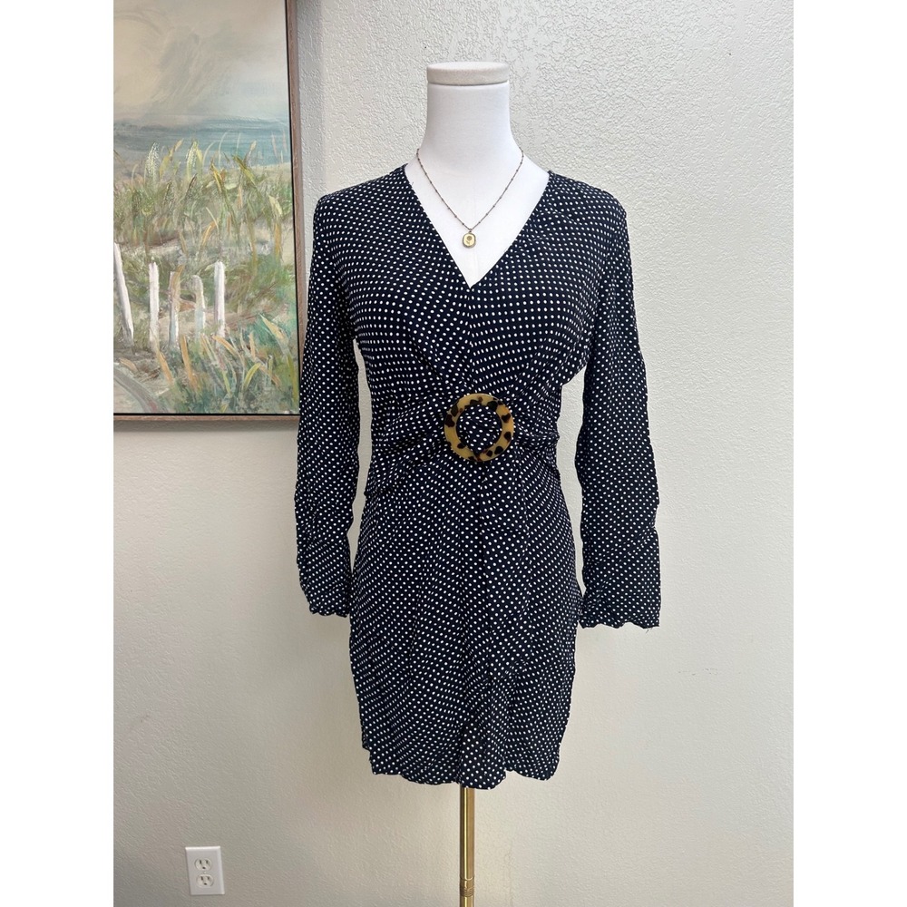 Topshop Polka Dot Y2K Mini Dress Tortoise Ring Detail Long Sleeve US 4